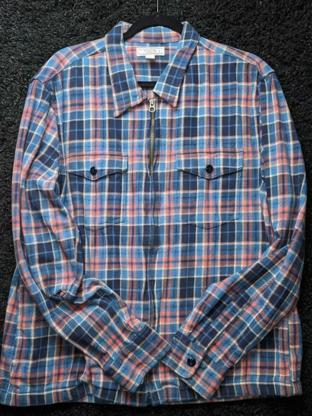Wallace & Barnes J.Crew Blue Coral Plaid Full Zip Flannel Shirt Jacket Large